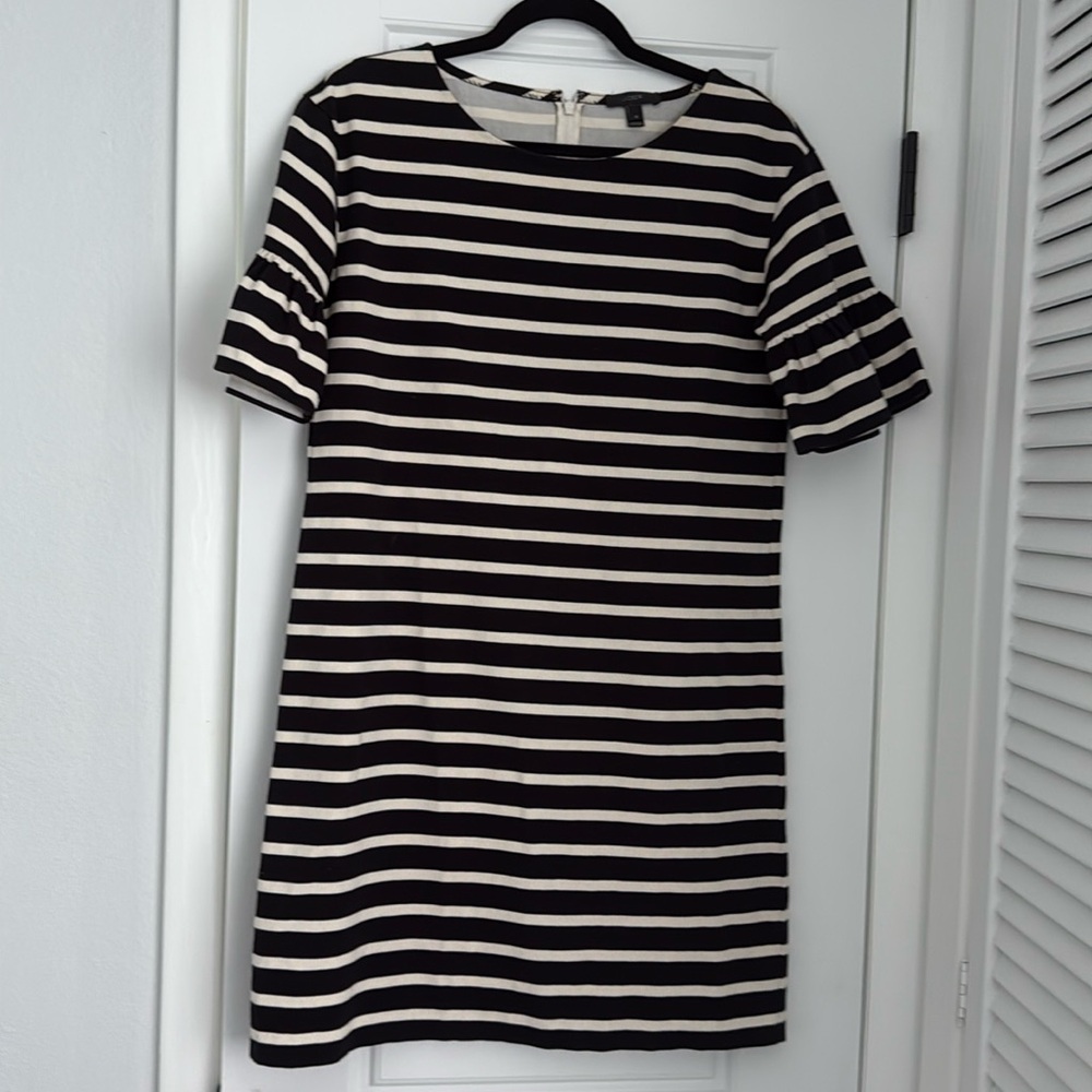 J. Crew Black and White Striped Ruffle Sleeve Dress Size Small Midi 100% Cotton
